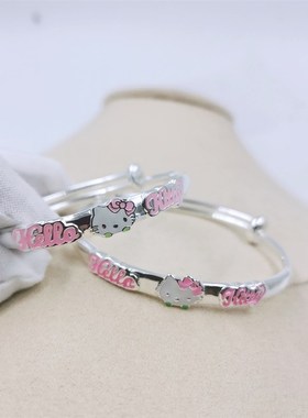 999宝宝纯银手镯女学生小猫咪粉色公主银手环实心婴儿童满月礼物