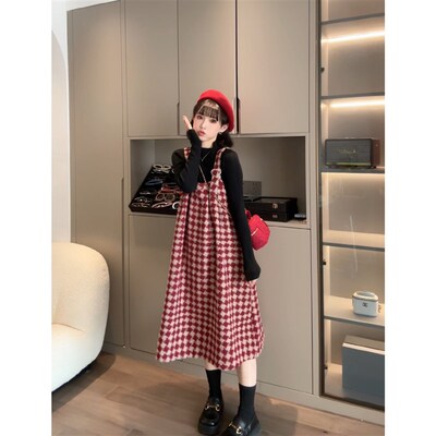 【莱蒙小镇】娜娜的孕期穿搭孕妇装春秋时尚背带格子连衣裙套装