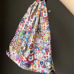 韩版新潮时尚双肩包袋大容量印花抽绳设计背包早八通勤百搭书包