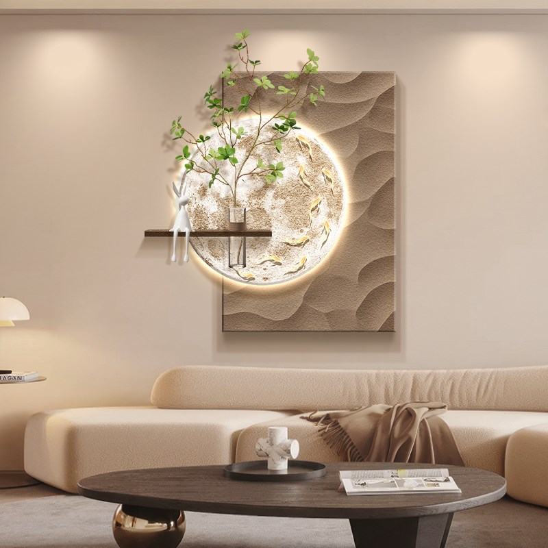 水培绿植客厅装饰画侘寂高级感立体九鱼玄关过道挂画餐厅发光壁画图片