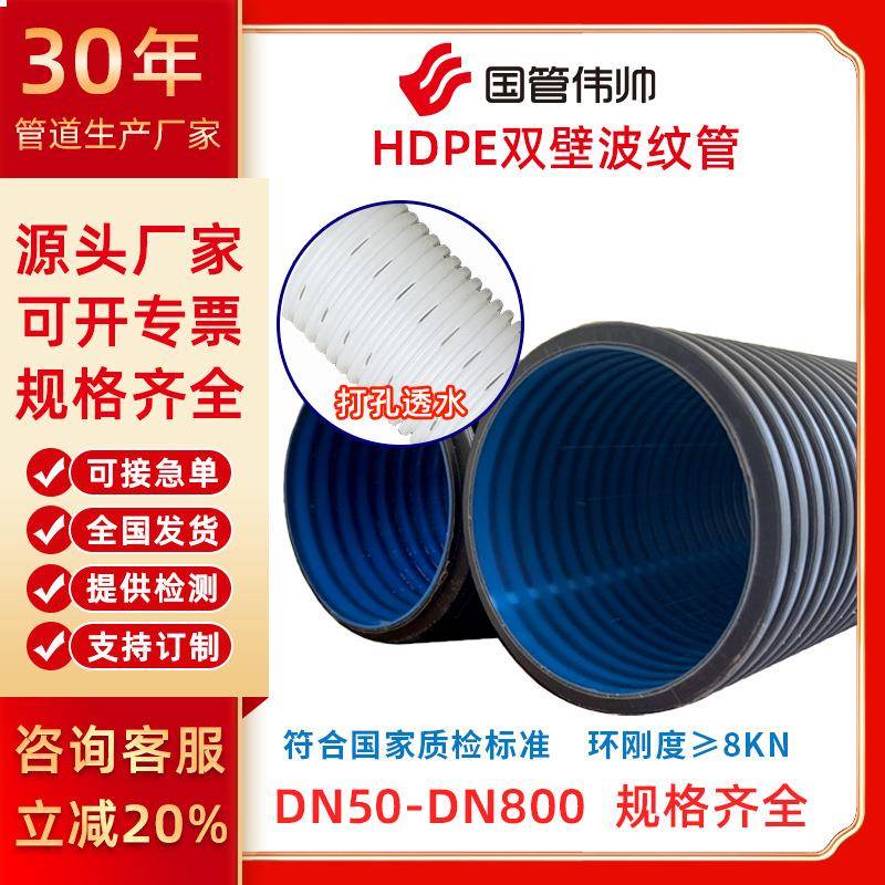 hdpe双壁波纹管市政雨水排水管铁路隧道渗水管排污管塑料直管硬管