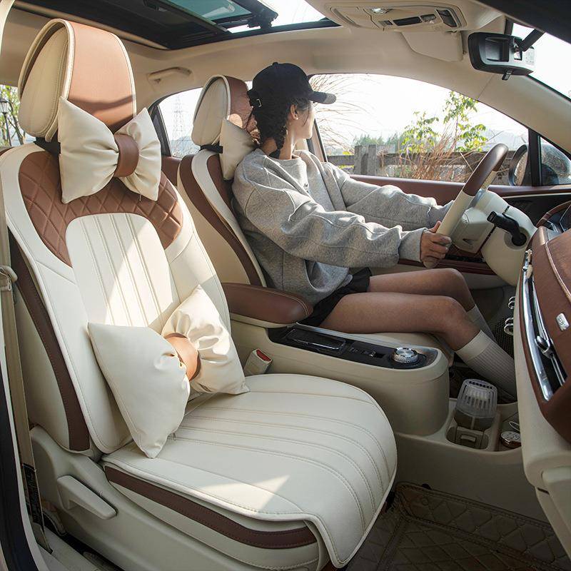 简约拼色汽车坐垫四季通用单片皮革透气女座椅三件套座垫