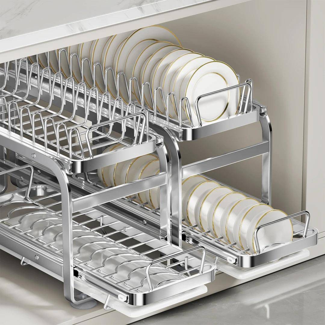 304不锈钢碗碟沥水架厨房橱柜多功能滑轨抽拉沥水碗架收纳碗碟架