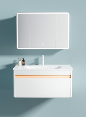 INH新款现代隐藏灯带浴室柜组合肤感陶瓷加深洗手盆柜智能浴柜