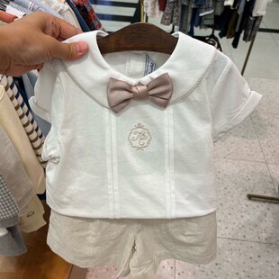 韩国童装 夏新款男童纯棉领结衬衣 短裤帅气绅士套装 生日礼服