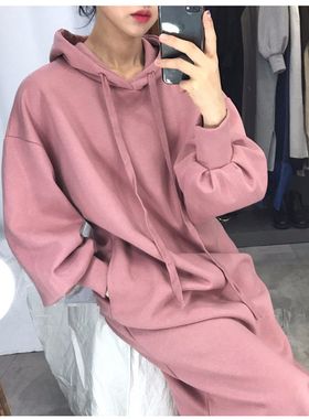 秋冬装孕妇连帽加绒卫衣裙开叉过膝韩版宽松大码慵懒风连衣裙粉色