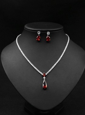 项链锆石套装简约女链礼服饰品风新娘耳环轻奢925超闪红色婚纱微