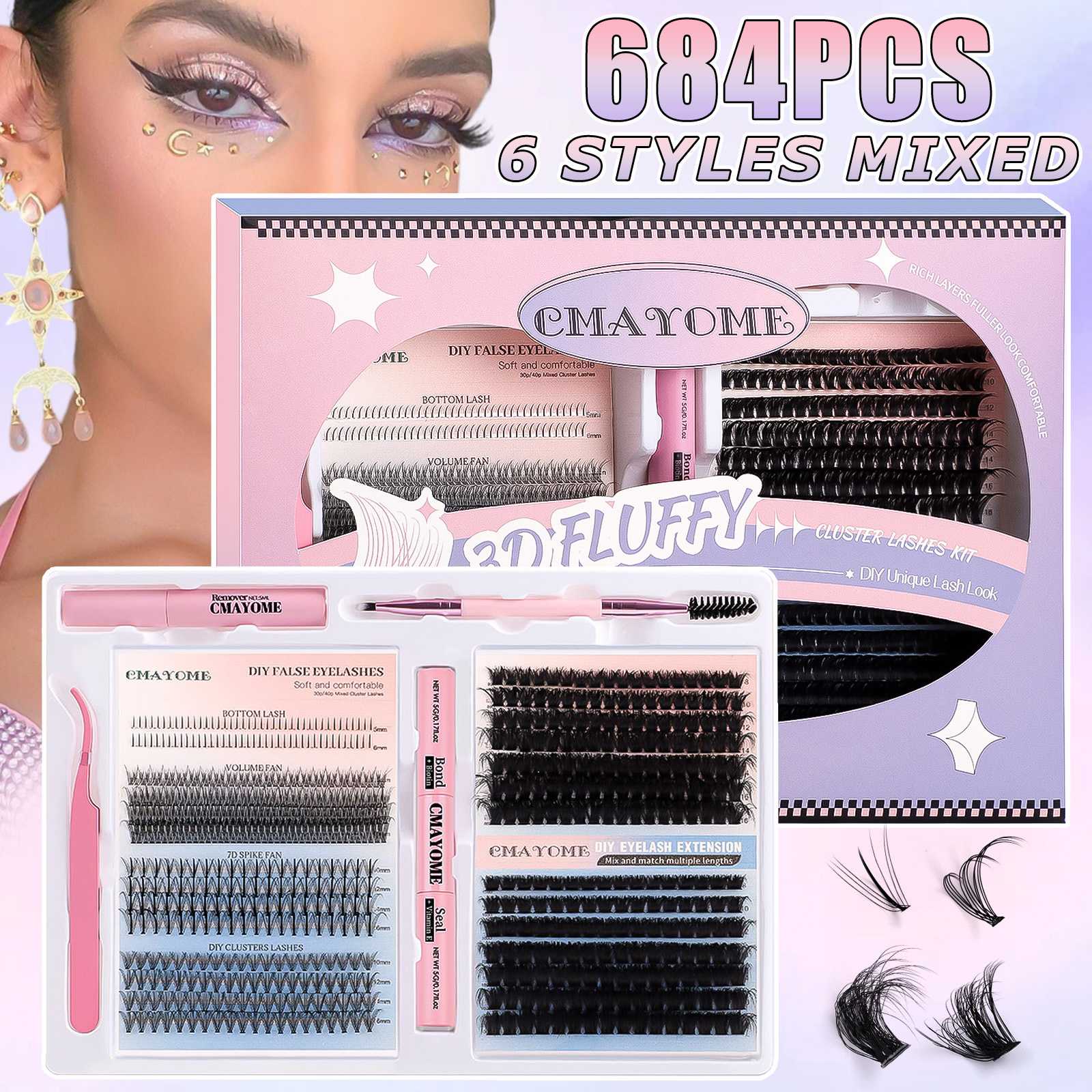 欧美DIY假睫毛仙子下睫毛自然浓密单簇大容量混合装睫毛工具套盒