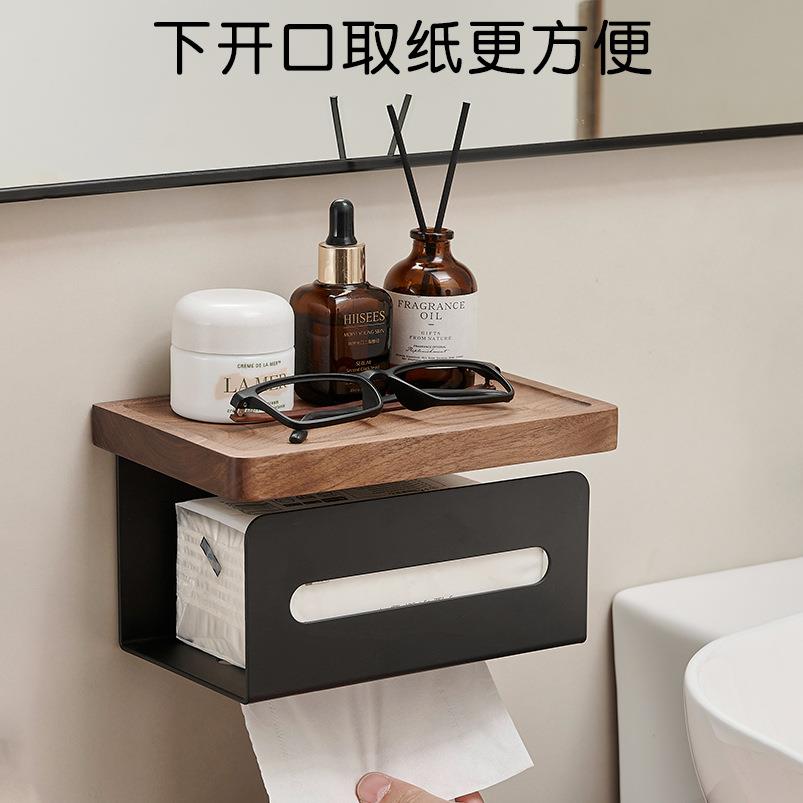 【折扣价】卫生间纸巾架免打孔壁挂式承重卷纸架浴室胡桃木置物架