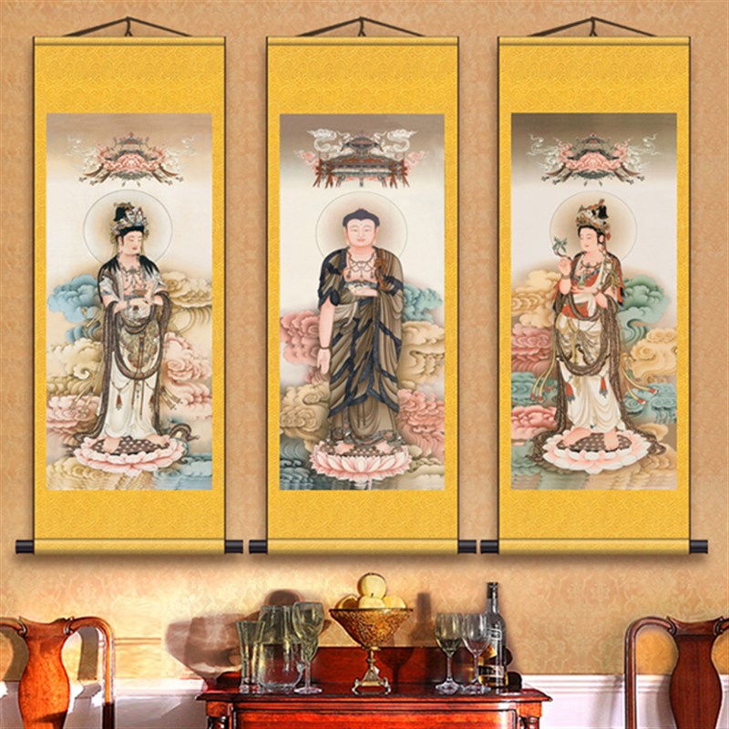 。西方三圣画像挂画 阿弥陀佛接引图卷轴画 高清佛堂绢布画开