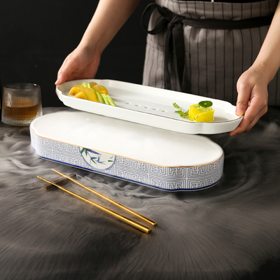 中餐会所特色干冰盘酒店餐具装盘精盘餐具摆致陶瓷长方旦型盘子