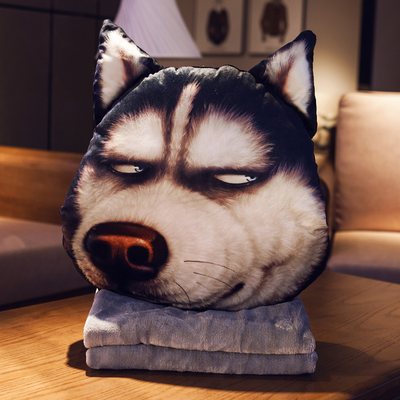 可拆洗 哈士奇抱枕被子两用一 个性二哈狗头靠枕午睡枕头