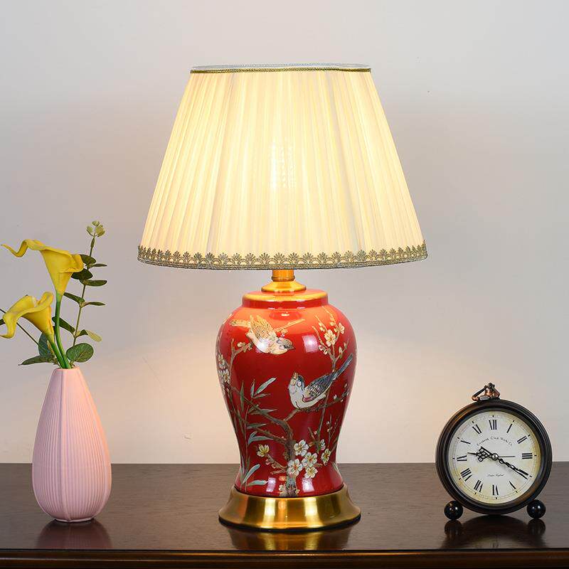 【折扣价】中式花鸟陶瓷红色婚庆结婚床头柜台灯卧室书房简约布艺