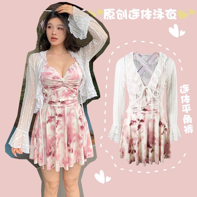 般沐大码连体泳衣女微胖mm罩衫防晒露背性感大小胸聚拢温泉度假风