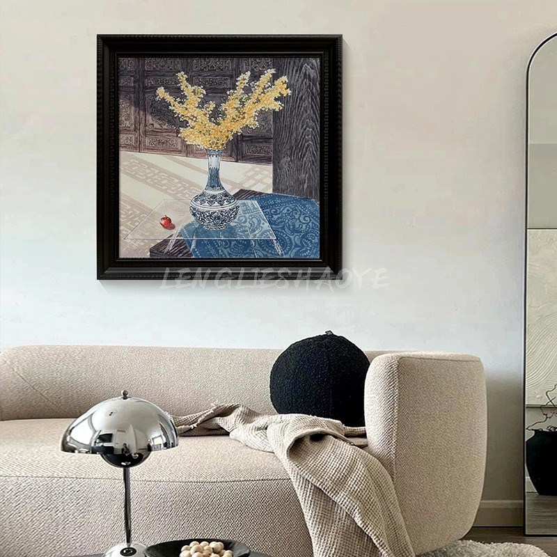 宋代美学手绘油画中式桌面摆件客厅餐厅装饰画植物青花瓷玄关挂画图片