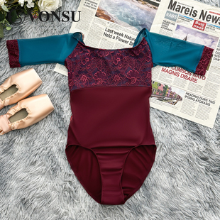 梵舒芭蕾舞练功舞蹈体操服空中形体服酒红连体服艺考练功B6540