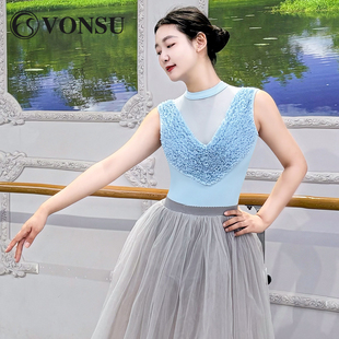 VONSU芭蕾形体练功服夏季 舞蹈艺考高胯花边形体连体服立领体操服