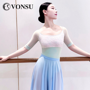 VONSU梵舒芭蕾形体练功服女连体短袖 蕾丝空中瑜伽服体操服B6540