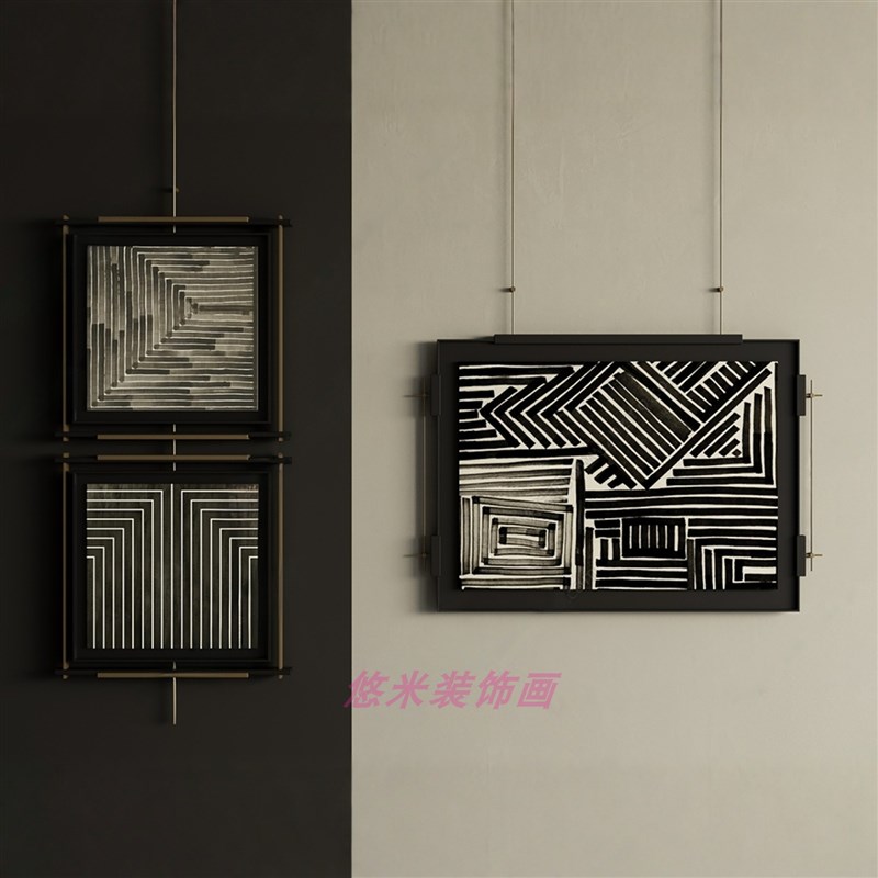 简约轻奢客厅装饰画挂画吊杆铁艺墙面复古装饰画餐厅沙发背景墙画图片