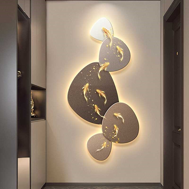 九鱼图入户门玄关装饰画石来运转发光壁画轻奢走廊过道高档挂画
