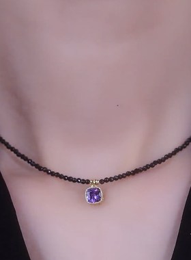 小众设计感紫水晶方糖时尚洋气颈链简约气质网红高级感锁骨链配饰