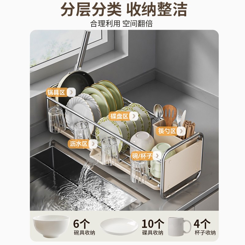 不锈钢碗碟收纳架窄边置物碗架厨房台面多功能碗筷餐具盘子沥水篮