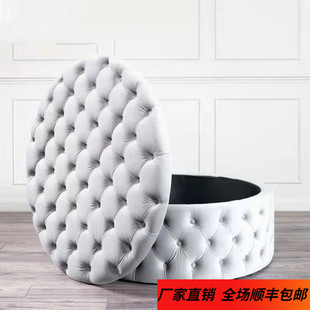 美式简约拉扣布艺圆形脚凳客厅储物凳梳妆凳衣帽间服装店换鞋凳子