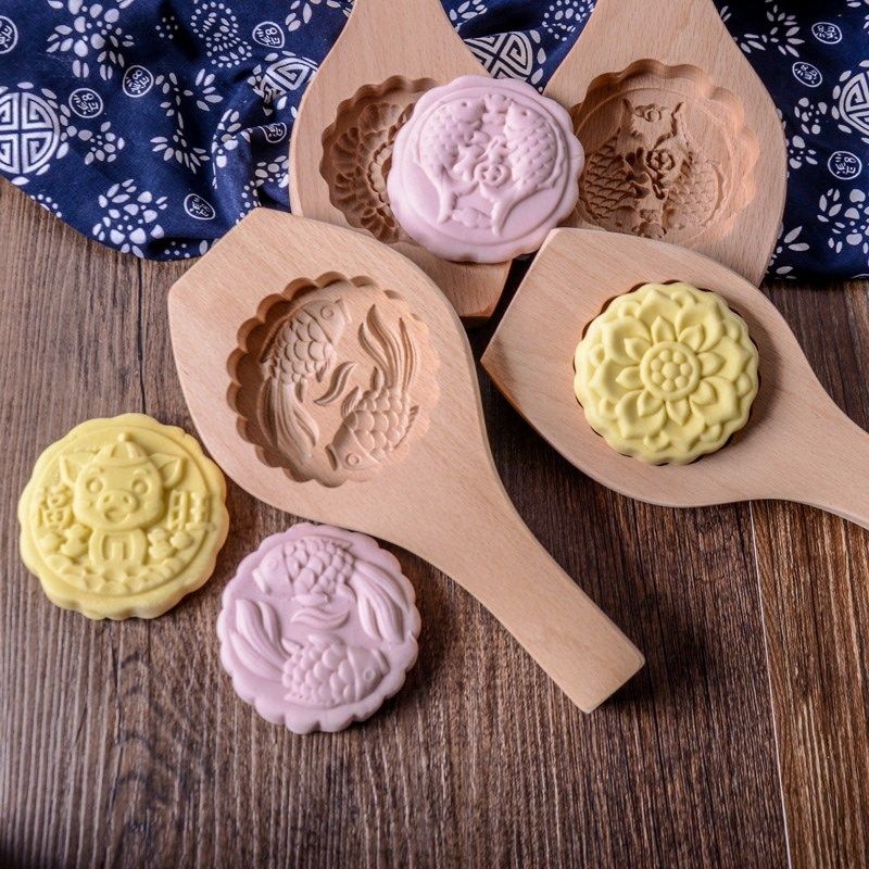 花型月饼实木雕模具立体加深质刻心饼干青团绿豆糕点烧冰皮巧果饼