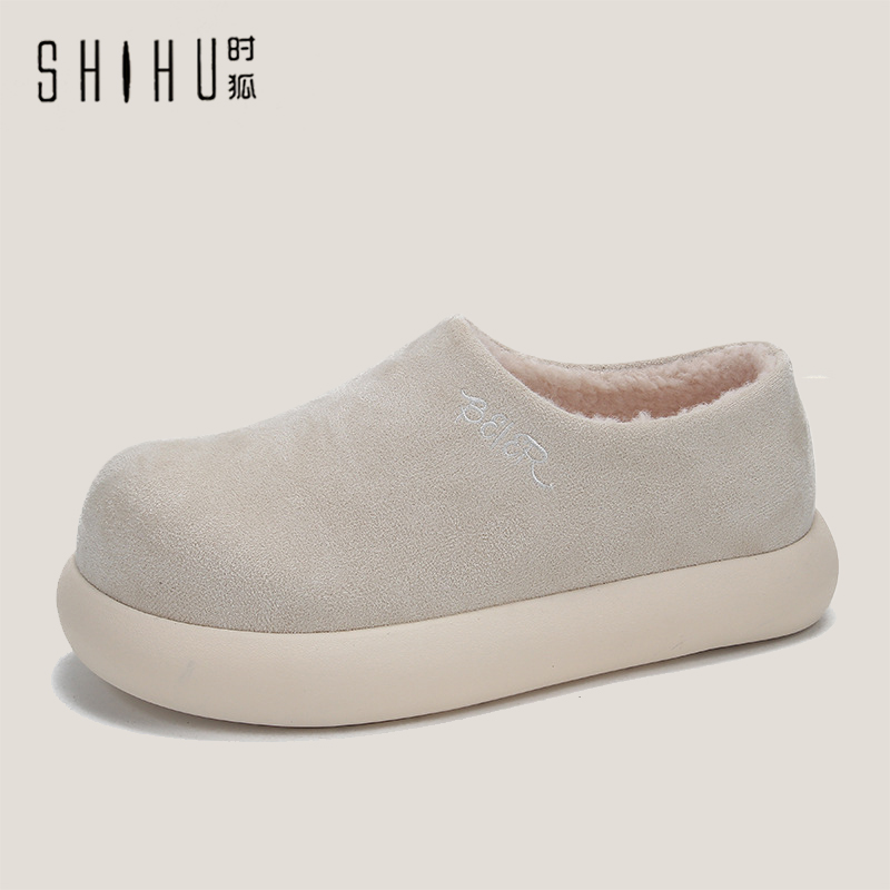 时狐羊羔毛加绒半拖懒人包头女生半拖鞋女外穿勃肯拖鞋毛毛鞋