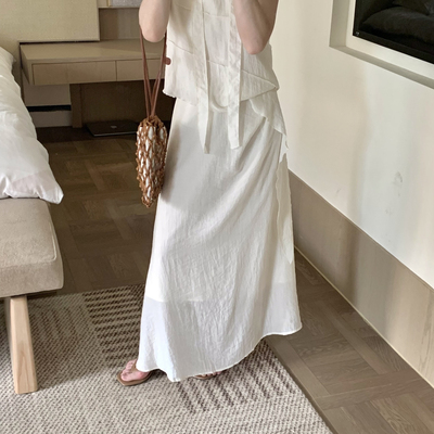 拿铁-剪裁小衫+显瘦侧皱设计感百搭半身裙套装(配领带)G3980-192