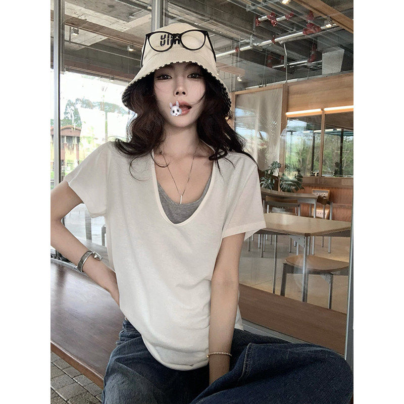 叠穿假两件白色短袖女V领正肩T恤2025夏宽松慵懒半袖T恤通勤上衣