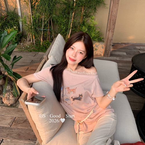 GS.GOOD START-卖的～夏甜美休闲印花蕾丝斜肩小衫(配腰带)N0913W