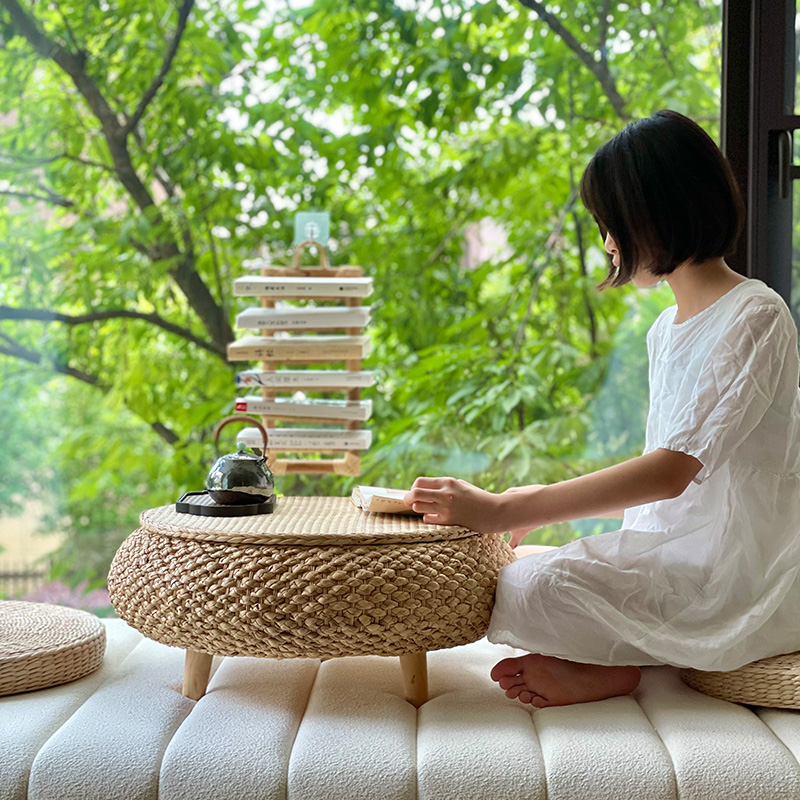 榻榻米桌子矮桌阳台飘窗小桌子茶几藤编可收纳卧室家用圆形小茶台