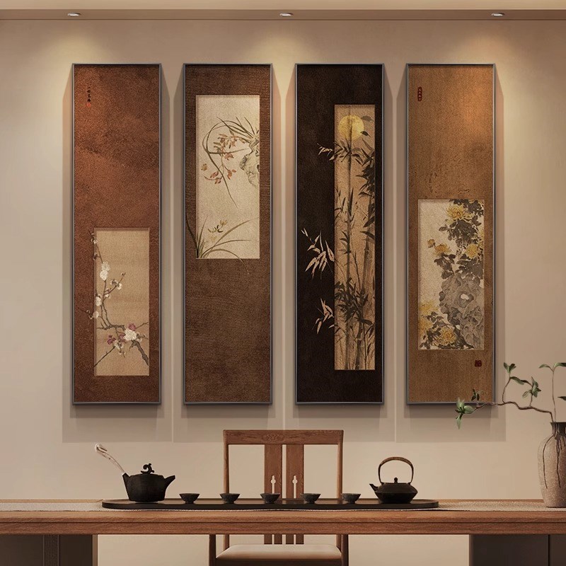禅意玄关竖版新中式美学风景花卉高级感装饰画茶室书房背景墙挂画图片