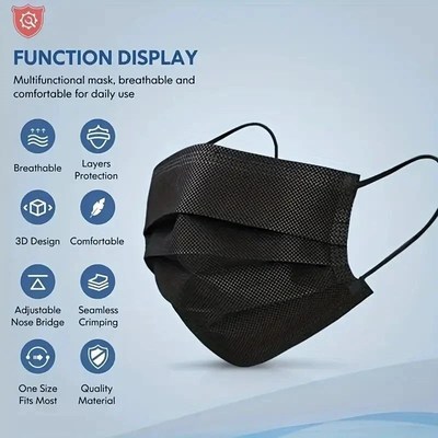 100pcs Black Disposable Face Masks 3-Layer Breathable Anti-D