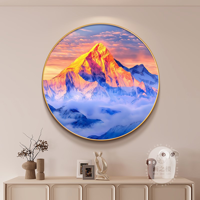 日照金山圆形入户玄关装饰画现代简约有山无水靠山画走廊过道挂画