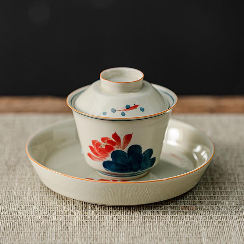 玩物尚置手绘三才盖碗茶杯陶瓷简约复古茶具家用不烫手敬茶碗单个