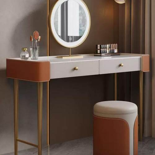 意式轻奢马鞍皮梳妆台后现代北欧简约岩板网红卧室化妆台书桌组合