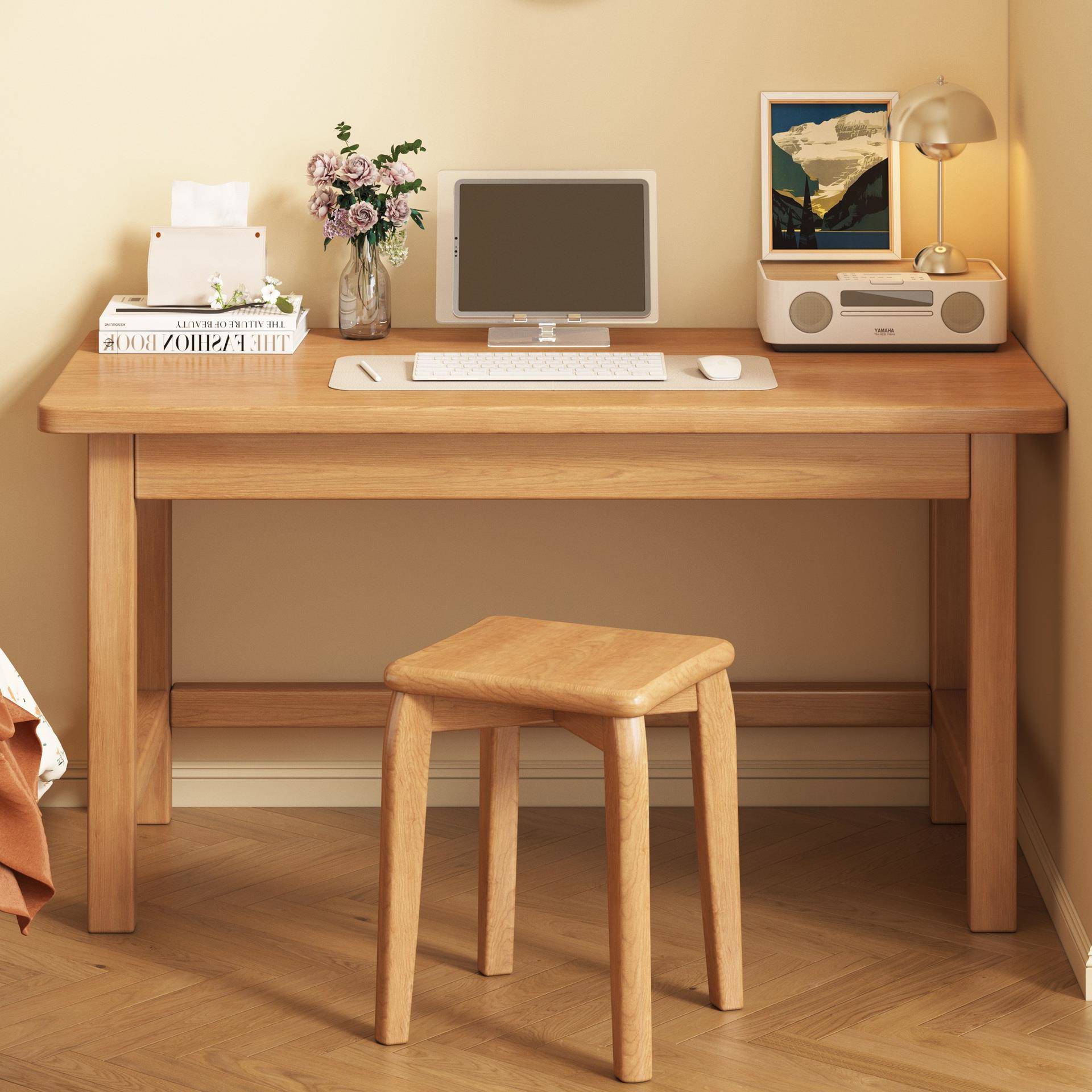 实木书桌书架一体桌卧室电脑桌台式办公桌简约学生家用学习写字桌