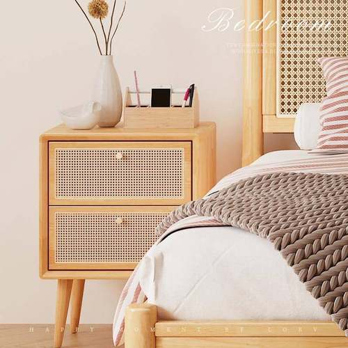 北欧实木藤编床头柜简约现代储物柜置物柜床头边柜民宿卧室小户型