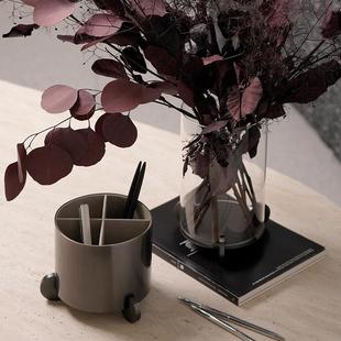 简约圆形玻璃花器轻奢两用金属烛台样板间装 饰盘收纳笔筒饰品摆件