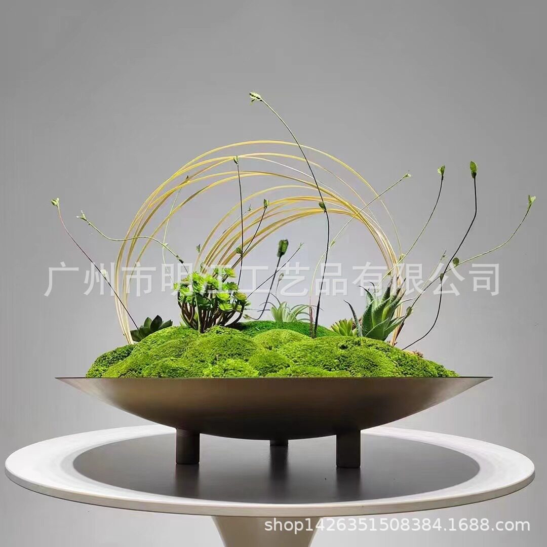 中式铁艺三脚盘样板间酒店餐桌摆花新微景观托盘仿真花造景盘