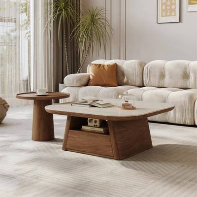 中古洞石岩板茶几客厅家用小户型轻奢高级感极简胡桃木设计师