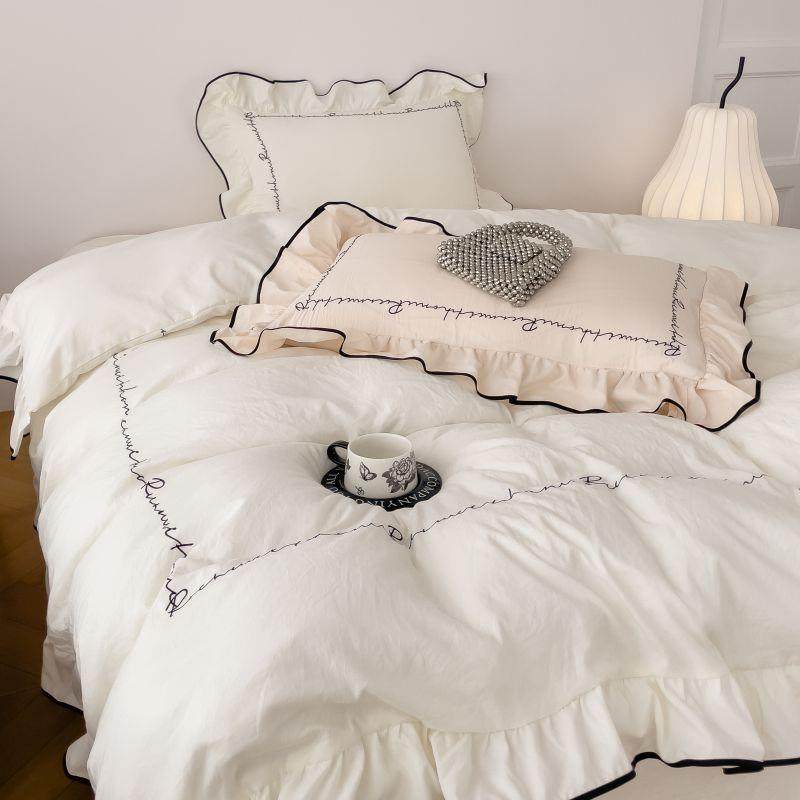 简约纤维水洗棉刺绣被套四件套床单被罩秋冬季加厚磨毛床品公主风,居家布艺,入户地垫,淘宝优惠券,粉丝福利购,淘宝优惠卷