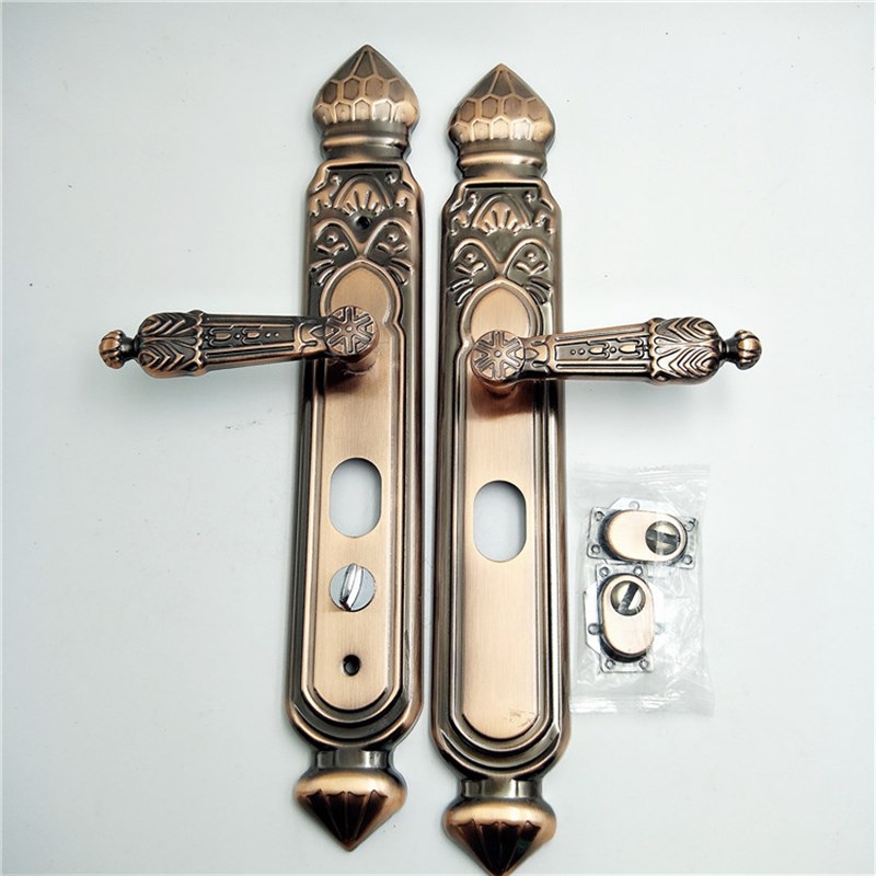 铝合金防盗门锁红古铜色大门锁面板把手双开门把手面板红古铜拉手