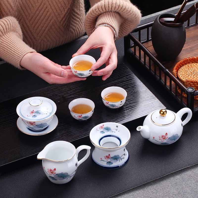 功夫茶具套装描金线现代手绘水墨荷花釉下彩手绘茶杯盖碗茶壶