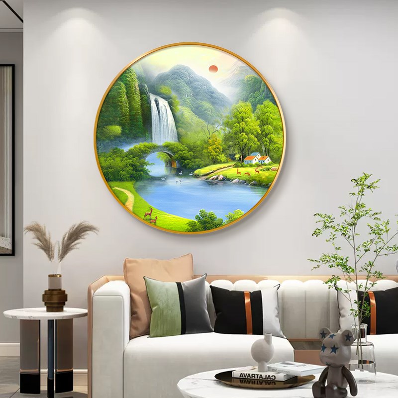 入户玄关装饰画圆形走廊过道壁画餐厅背景墙风景油画聚宝盆山水画图片