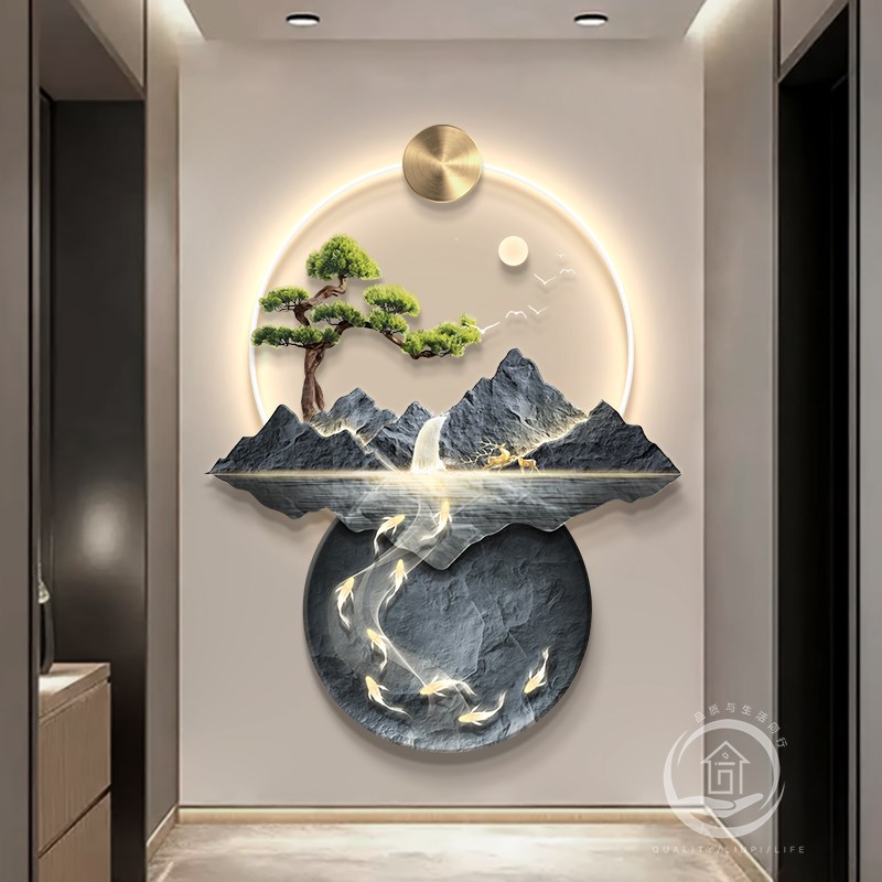 发财树新中式玄关装饰画流水生财走廊过道挂画大气山水九鱼图壁画图片