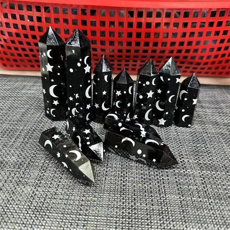 天然水晶柱雕刻喷沙星月日单尖六棱柱家居装饰水晶工艺品摆件