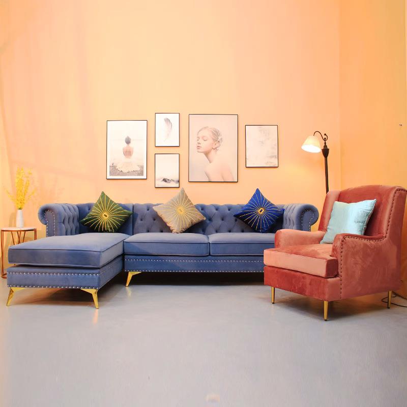 美式布艺沙发小户型网红轻奢丝绒贵妃组合客厅简约沙发美式三人
